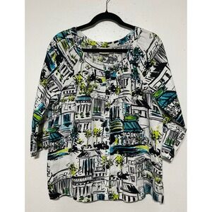 Lantana Casual Linen Button Front Top Women's Small Cityscape Print 3/4 Sleeve